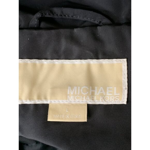 Michael Kors Black Hood Coat L Gold Zip Rain Wind Transition RR10487 Mid EUC - Picture 4 of 16